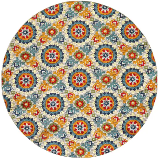 8' Round Orange Floral Lattice Indoor Outdoor Area Rug Photo 4