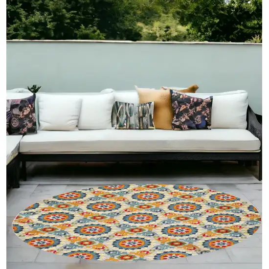 Orange And Ivory Round Moroccan Stain Resistant Indoor Outdoor Area Rug Photo 1