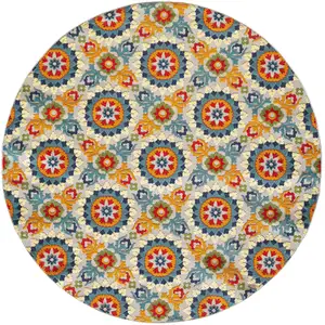 Photo of 8' Round Orange Floral Lattice Indoor Outdoor Area Rug