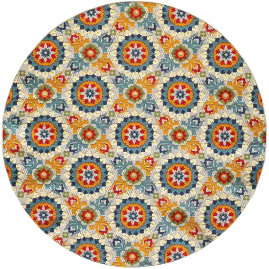 8' Round Orange Floral Lattice Indoor Outdoor Area Rug Photo 1