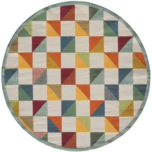 Photo of 8' Round Orange Gray Triangle Indoor Outdoor Area Rug