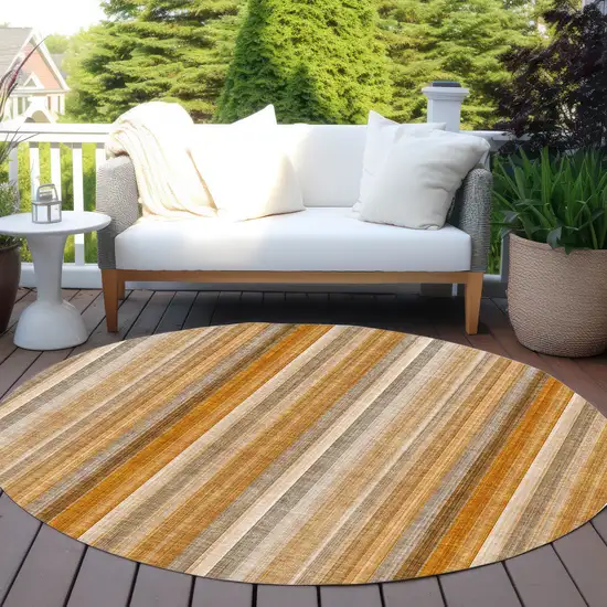 8' Round Orange Ivory and Gray Round Striped Washable Non Skid Indoor Outdoor Area Rug Photo 8