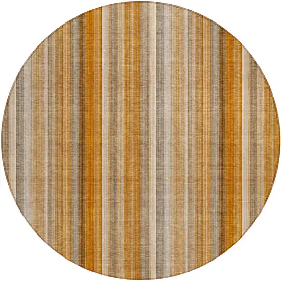 8' Round Orange Ivory and Gray Round Striped Washable Non Skid Indoor Outdoor Area Rug Photo 2