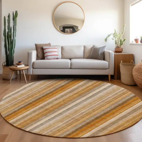 Orange Ivory and Gray Round Striped Washable Non Skid Indoor Outdoor Area Rug Photo 9