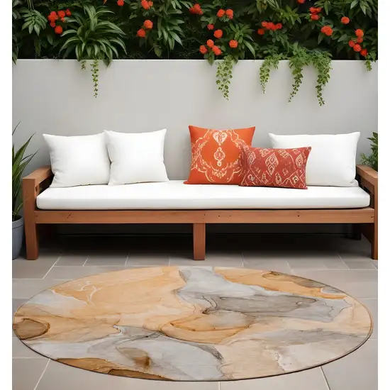 8' Round Orange Round Abstract Washable Non Skid Indoor Outdoor Area Rug Photo 1