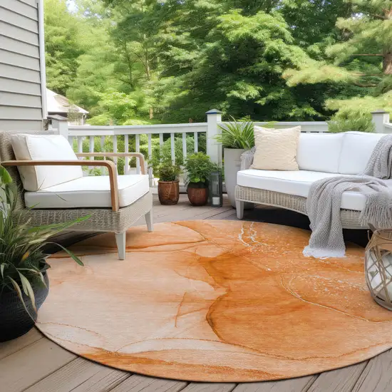 8' Round Orange Round Abstract Washable Non Skid Indoor Outdoor Area Rug Photo 8