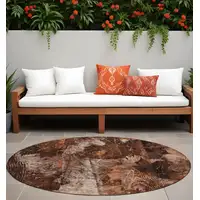 Photo of 8' Round Orange Round Floral Washable Non Skid Indoor Outdoor Area Rug