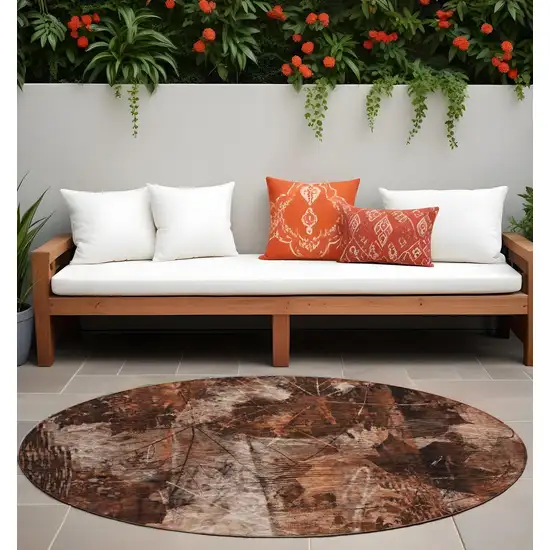 8' Round Orange Round Floral Washable Non Skid Indoor Outdoor Area Rug Photo 1