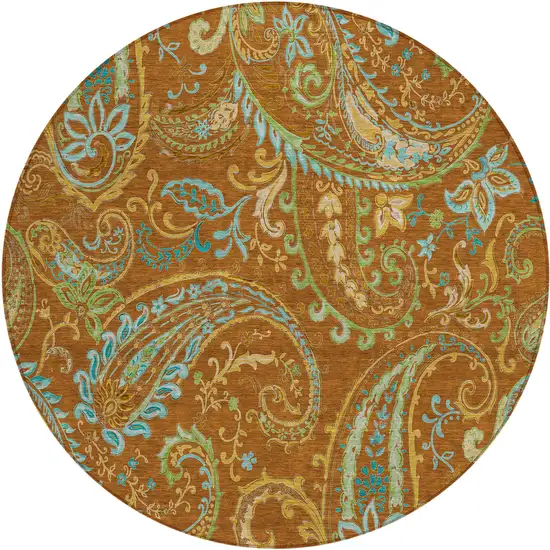 8' Round Orange Round Paisley Washable Non Skid Indoor Outdoor Area Rug Photo 2