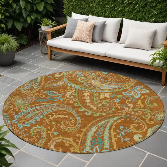 8' Round Orange Round Paisley Washable Non Skid Indoor Outdoor Area Rug Photo 1