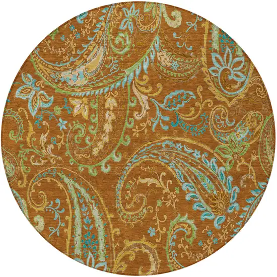 8' Round Orange Round Paisley Washable Non Skid Indoor Outdoor Area Rug Photo 5