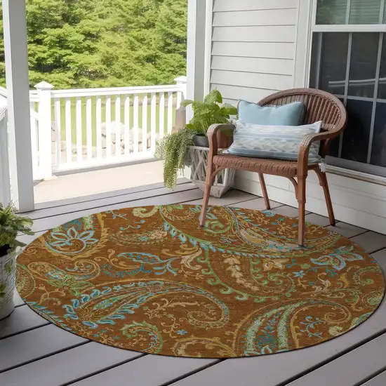 8' Round Orange Round Paisley Washable Non Skid Indoor Outdoor Area Rug Photo 9