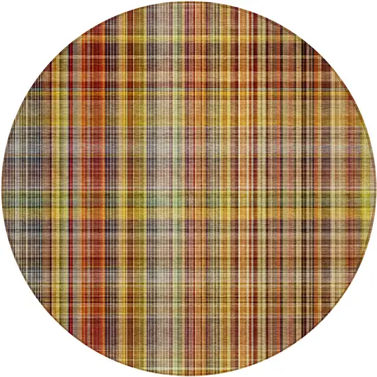 8' Round Orange Round Plaid Washable Non Skid Indoor Outdoor Area Rug Photo 2