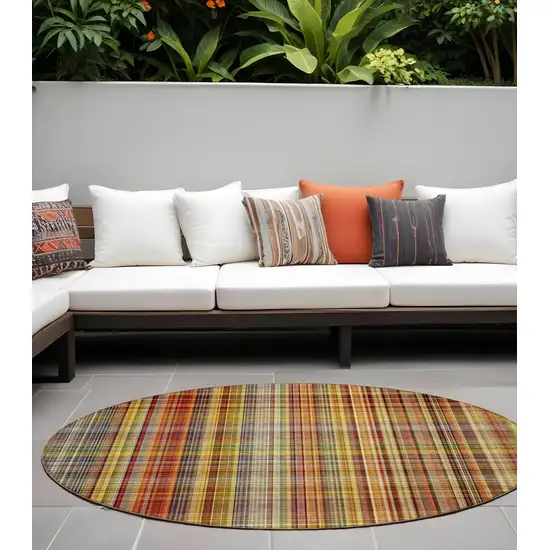 Orange Round Plaid Washable Non Skid Indoor Outdoor Area Rug Photo 1