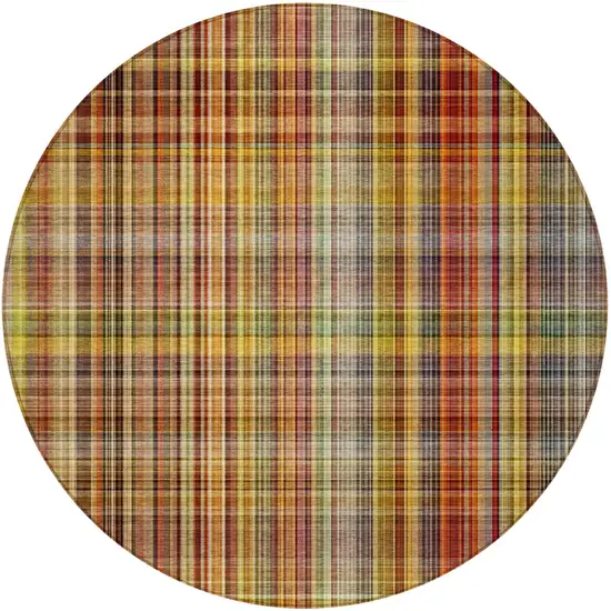 8' Round Orange Round Plaid Washable Non Skid Indoor Outdoor Area Rug Photo 5