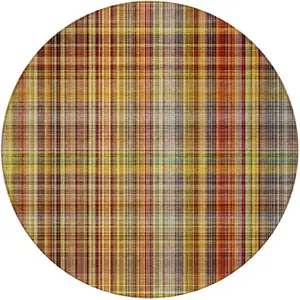 Photo of 8' Round Orange Round Plaid Washable Non Skid Indoor Outdoor Area Rug