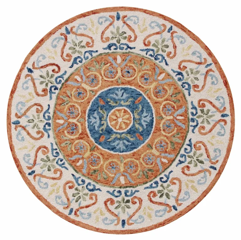 4' Round Orange Traditional Medallion Area Rug Photo 1