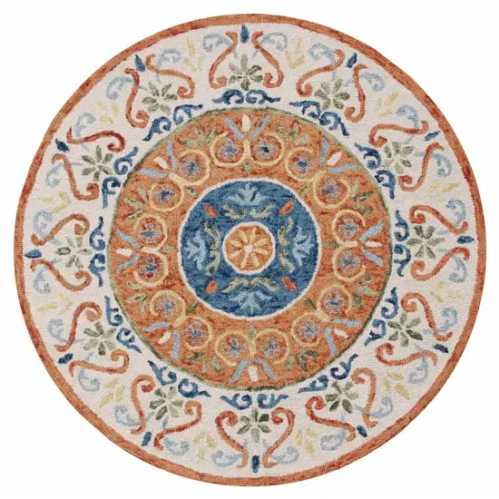 4' Round Orange Traditional Medallion Area Rug Photo 1