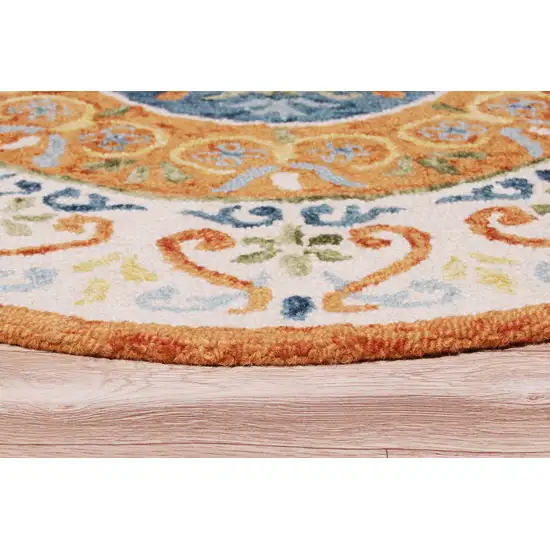 4' Round Orange Traditional Medallion Area Rug Photo 4