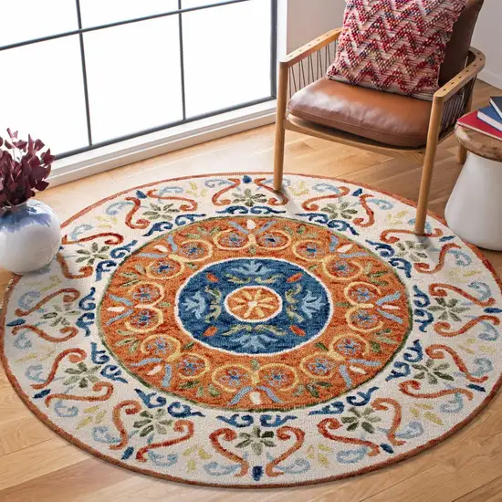 4' Round Orange Traditional Medallion Area Rug Photo 8