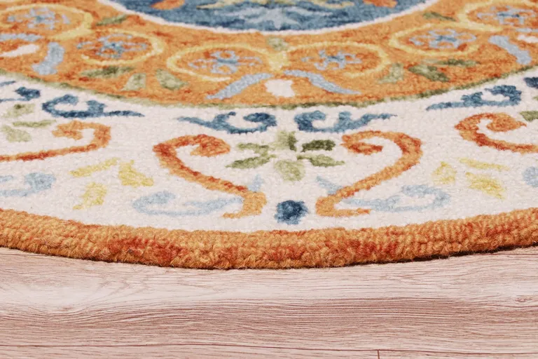 6' Round Orange Traditional Medallion Area Rug Photo 4