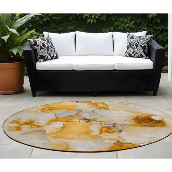 Orange and Ivory Round Abstract Washable Indoor Outdoor Area Rug Photo 1