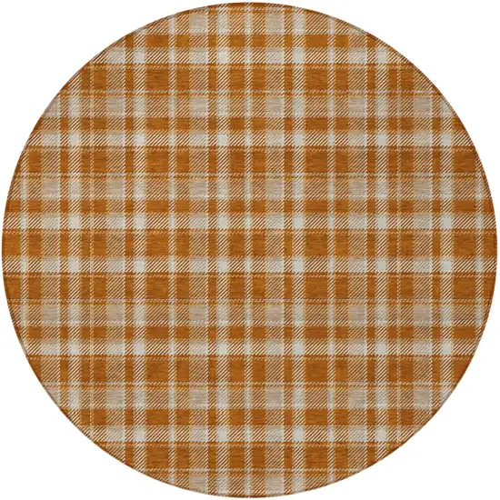 8' Round Orange and Ivory Round Plaid Washable Non Skid Indoor Outdoor Area Rug Photo 5