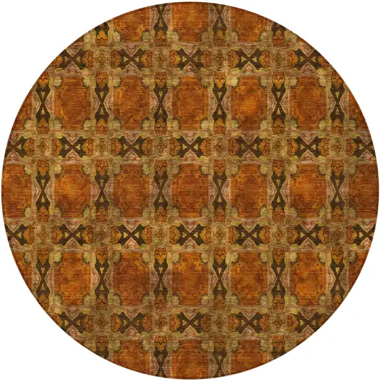 8' Round Orange and Rust Round Floral Medallion Washable Non Skid Indoor Outdoor Area Rug Photo 5