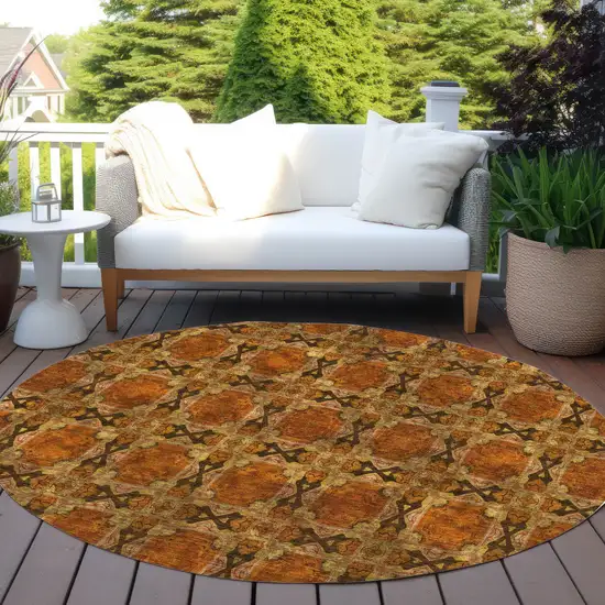 8' Round Orange and Rust Round Floral Medallion Washable Non Skid Indoor Outdoor Area Rug Photo 8