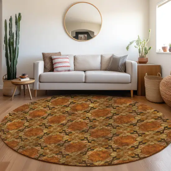 8' Round Orange and Rust Round Floral Medallion Washable Non Skid Indoor Outdoor Area Rug Photo 9