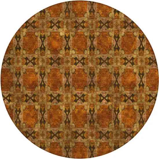 8' Round Orange and Rust Round Floral Medallion Washable Non Skid Indoor Outdoor Area Rug Photo 2