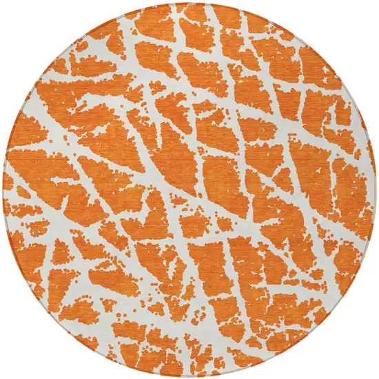 Orange and White Round Abstract Washable Non Skid Indoor Outdoor Area Rug Photo 4