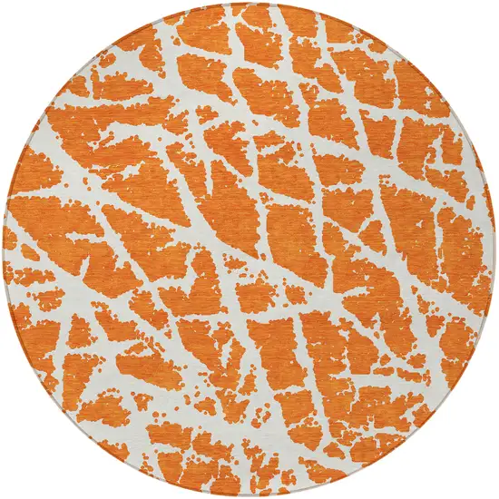 8' Round Orange and White Round Abstract Washable Non Skid Indoor Outdoor Area Rug Photo 5