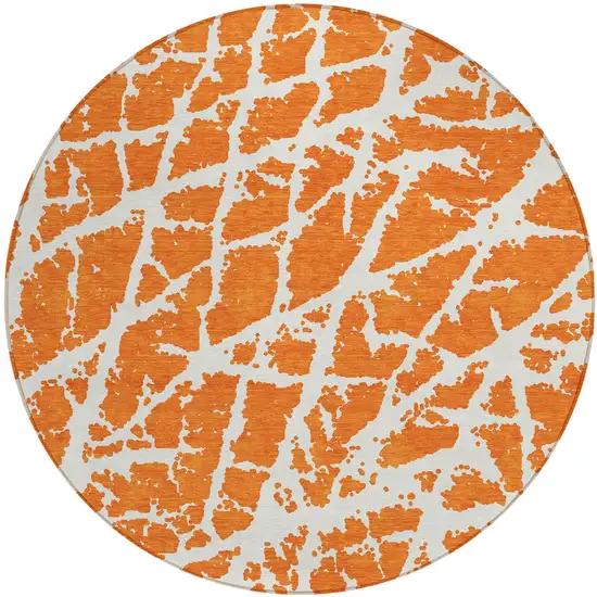 Orange and White Round Abstract Washable Non Skid Indoor Outdoor Area Rug Photo 2