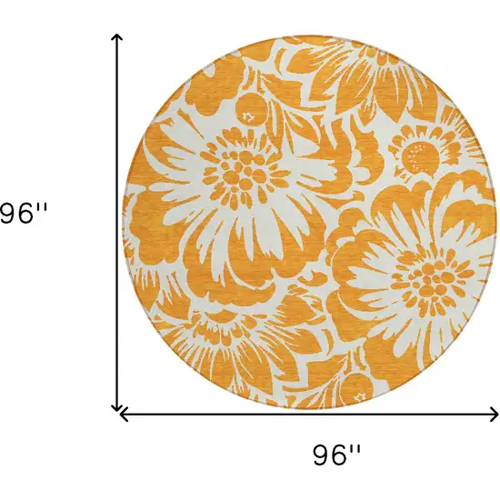 Orange and White Round Floral Washable Non Skid Indoor Outdoor Area Rug Photo 3