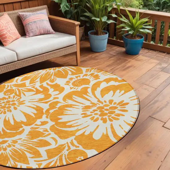 Orange and White Round Floral Washable Non Skid Indoor Outdoor Area Rug Photo 1