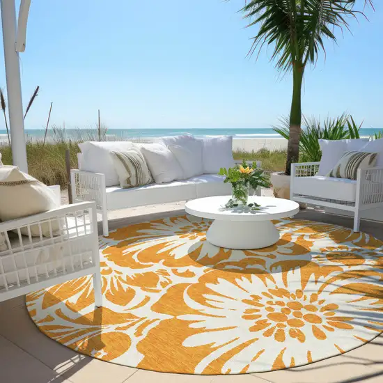 8' Round Orange and White Round Floral Washable Non Skid Indoor Outdoor Area Rug Photo 8