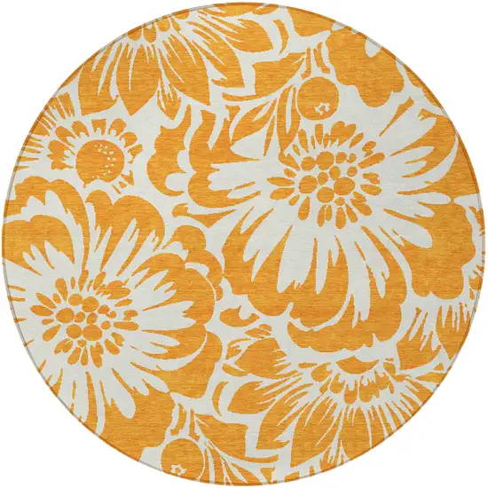 Orange and White Round Floral Washable Non Skid Indoor Outdoor Area Rug Photo 4