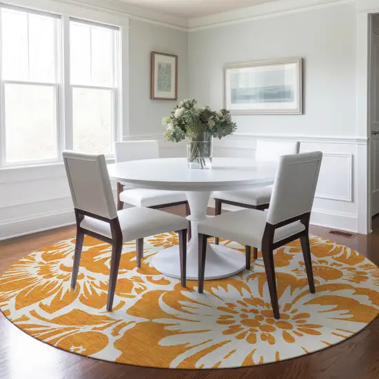 Orange and White Round Floral Washable Non Skid Indoor Outdoor Area Rug Photo 9