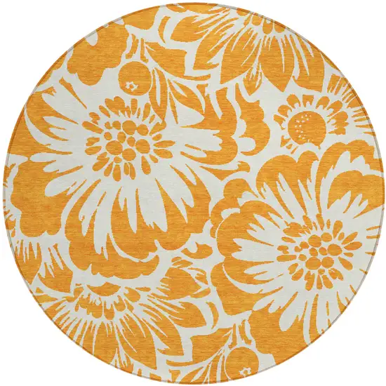 Orange and White Round Floral Washable Non Skid Indoor Outdoor Area Rug Photo 2