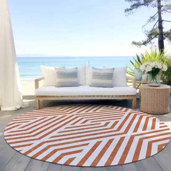 8' Round Orange and White Round Geometric Washable Non Skid Indoor Outdoor Area Rug Photo 8