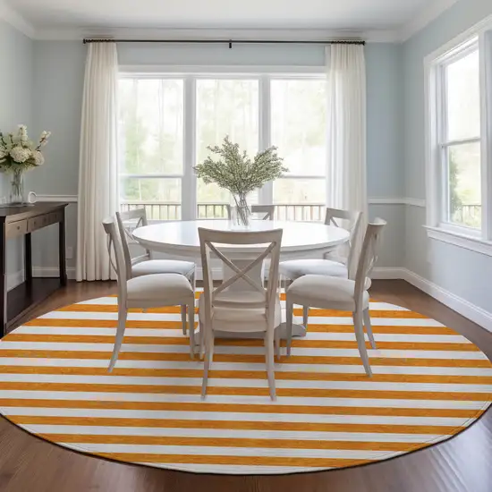 Orange and White Round Striped Washable Non Skid Indoor Outdoor Area Rug Photo 9