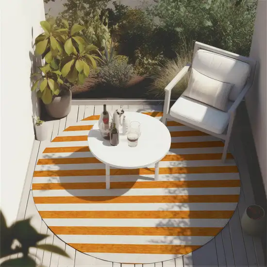 8' Round Orange and White Round Striped Washable Non Skid Indoor Outdoor Area Rug Photo 8