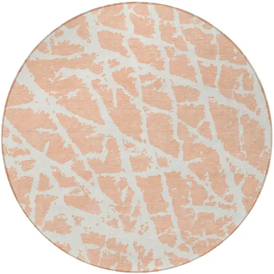 Peach and Ivory Round Abstract Washable Non Skid Indoor Outdoor Area Rug Photo 5