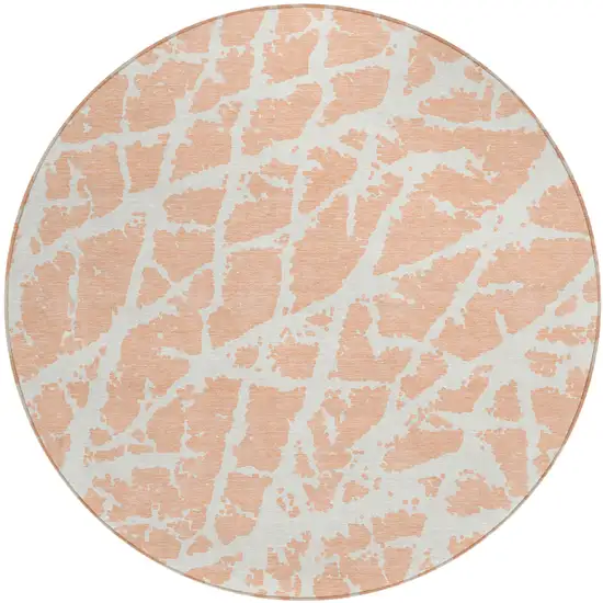 Peach and Ivory Round Abstract Washable Non Skid Indoor Outdoor Area Rug Photo 2