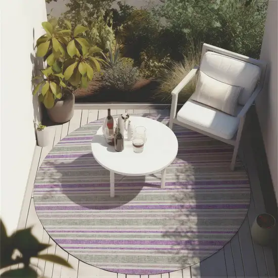 Purple Gray and White Round Striped Washable Non Skid Indoor Outdoor Area Rug Photo 6