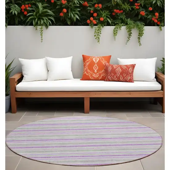 Purple Gray and White Round Striped Washable Non Skid Indoor Outdoor Area Rug Photo 1