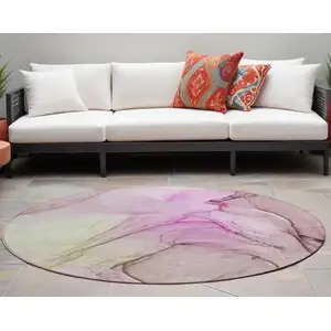 Photo of 8' Round Pink Round Abstract Washable Non Skid Indoor Outdoor Area Rug