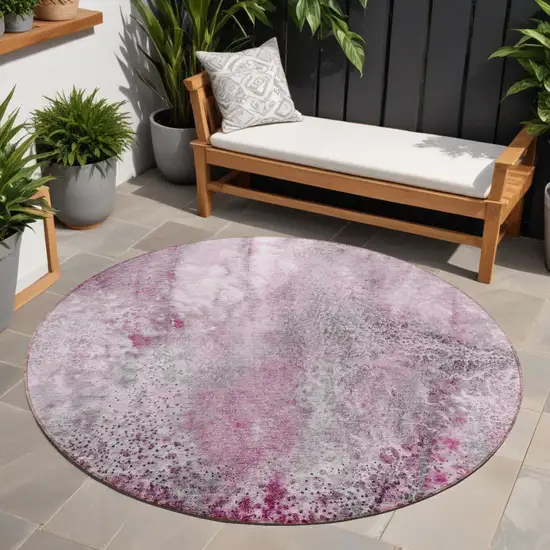 Pink Round Abstract Washable Non Skid Indoor Outdoor Area Rug Photo 1