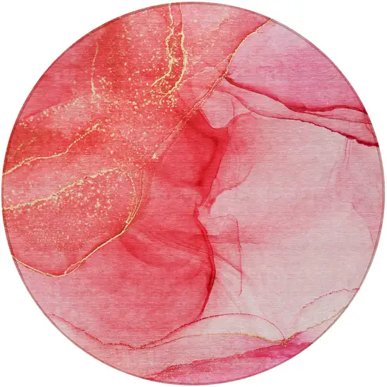 8' Round Pink Round Abstract Washable Non Skid Indoor Outdoor Area Rug Photo 4